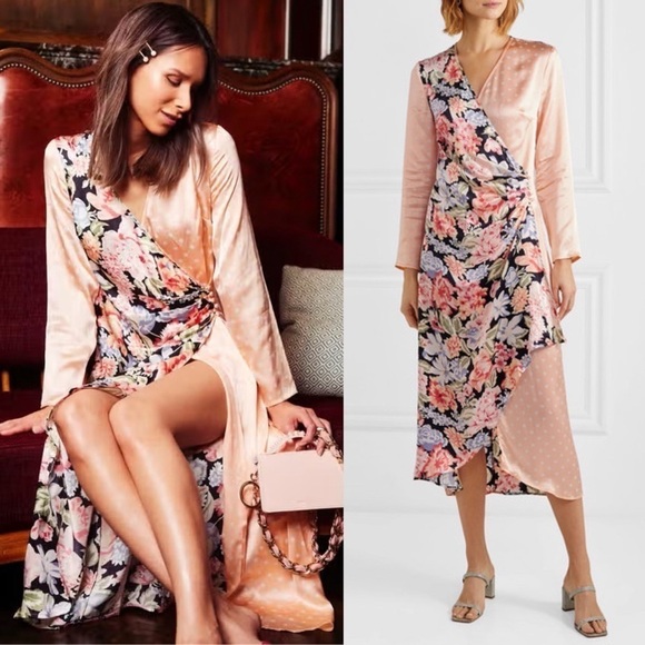 RIXO Satin Floral Dot Colorblock Long Sleeve V-Neck Ruched Wrap Midi Dress XS - Picture 5 of 11